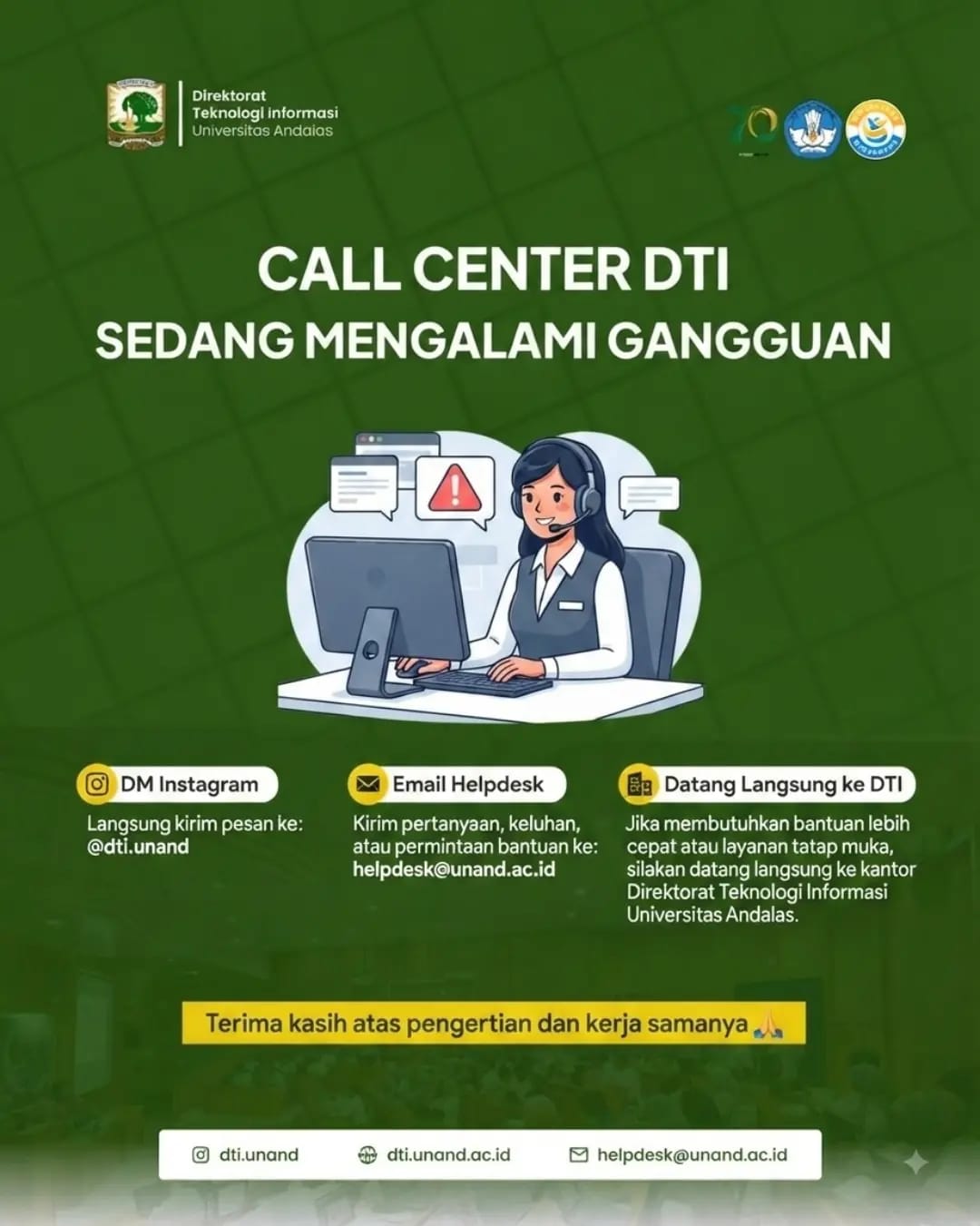 Layanan Call Center DTI Mengalami Gangguan Sementara, Civitas Akademika Diimbau Gunakan Saluran Alternatif